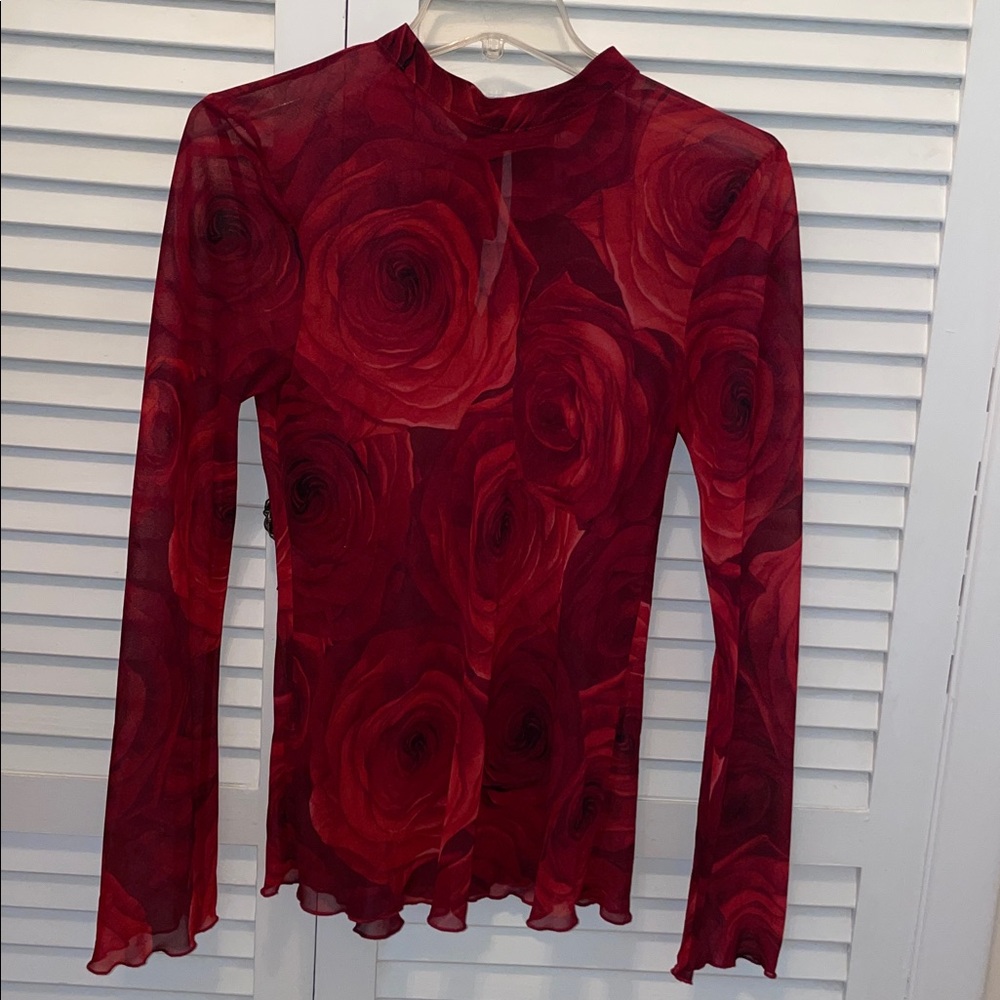 Mango Red Sheer Long Sleeve Blouse with back closure Bow